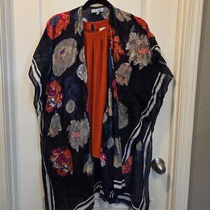 Woven Heart Navy Floral Kimono Shawl Gold Metallic Accents - One Size